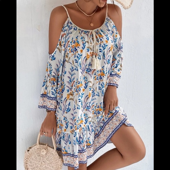 Boho Gypsy Floral Print Tassel Cold Off Drop Shoulder Dress - Picture 8 of 15